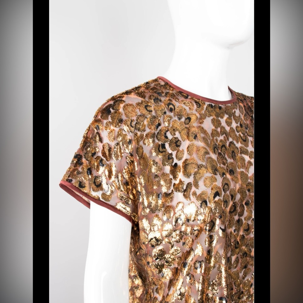 ESCADA METALLIC VELVET LAMÉ ANIMAL TEE 42 Lg Silk Velvet Gold Made In Germany